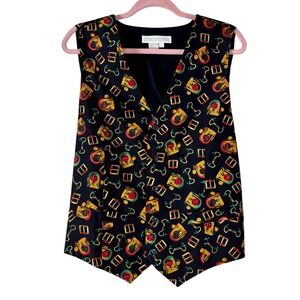 Preston & York Vest Women's Large Black Equestrian Themed Vintage Silk Horse 80s